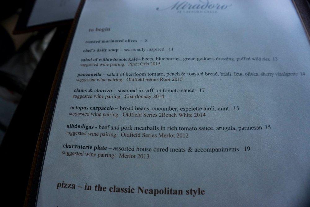 Menu at Miradoro Restaurant at Tinhorn Creek, Oliver, 537 Tinhorn Creek Rd