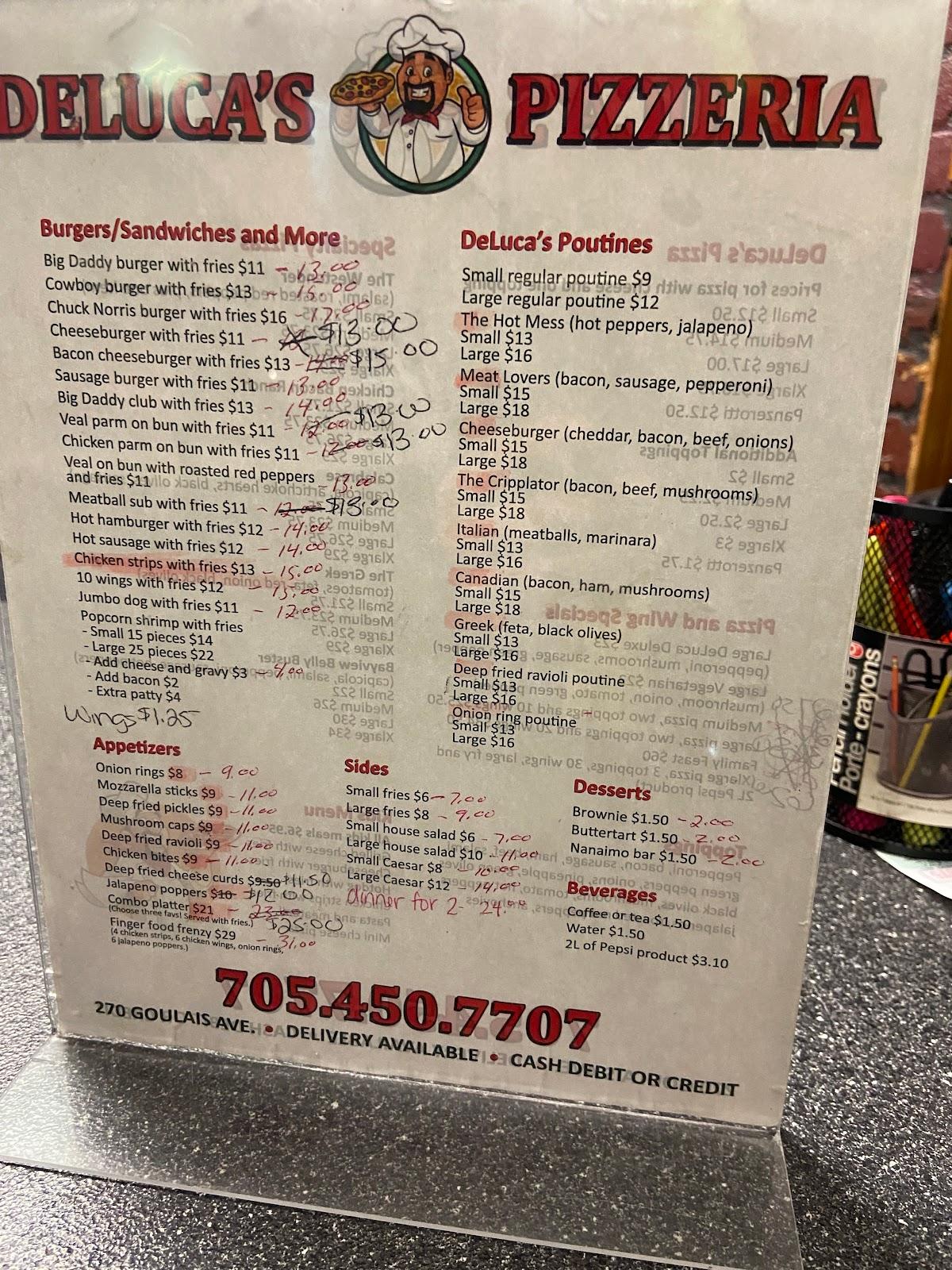 Menu at Deluca's Pizza restaurant, Sault Ste. Marie