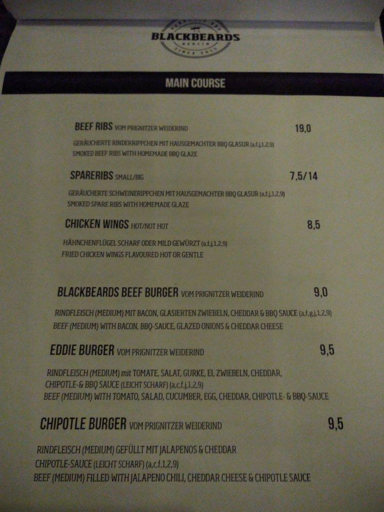 Menu at Blackbeards BBQ, Berlin