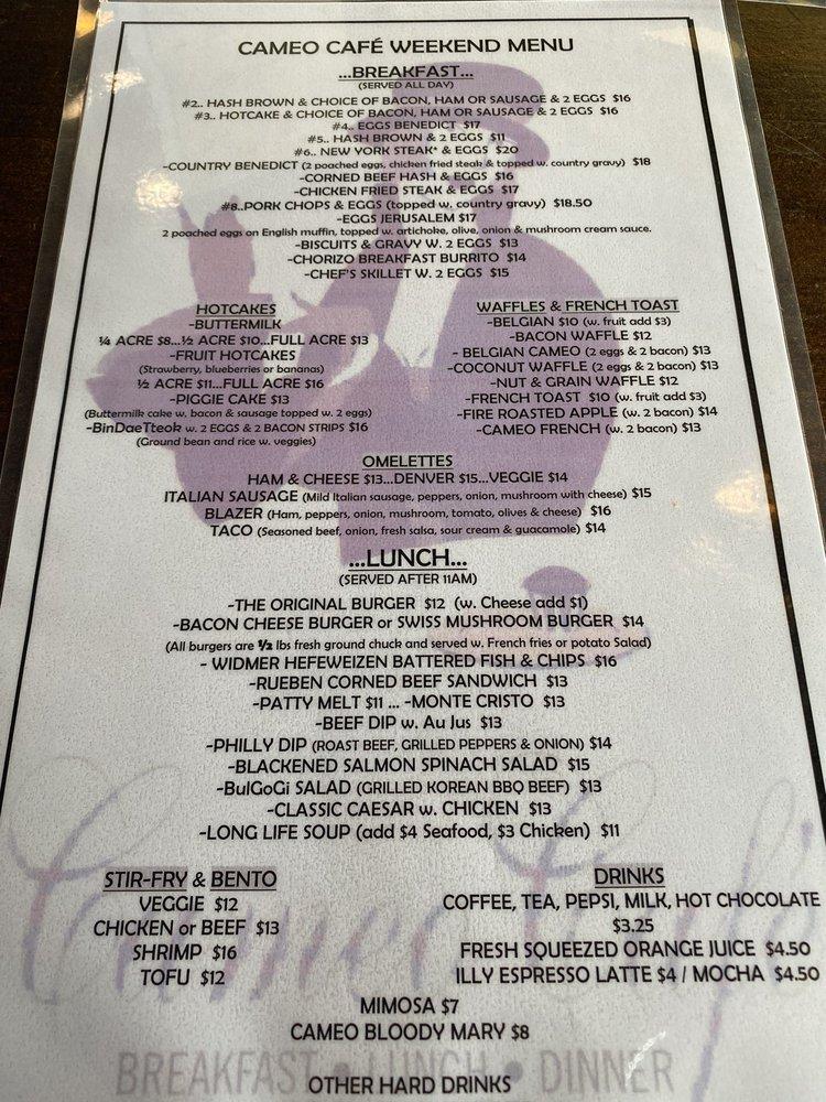 Menu at Cameo Cafe, Vancouver