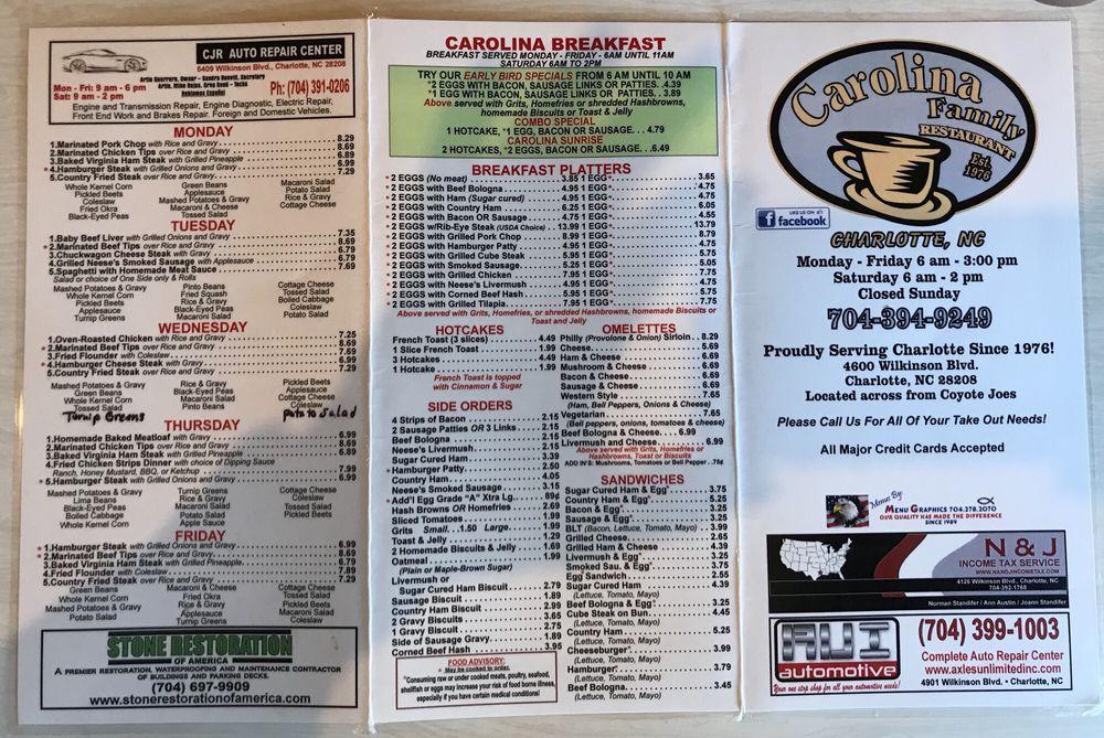 Menu at Carolina Family Restaurant, Charlotte, Wilkinson Blvd