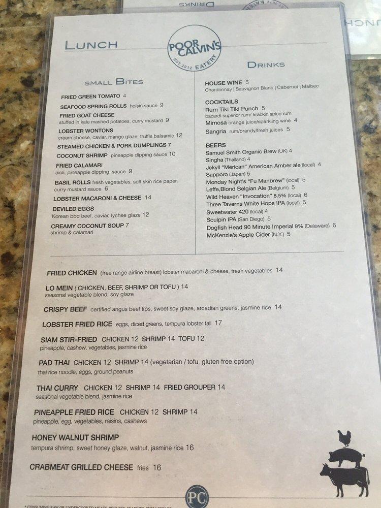 Menu at Poor Calvin's restaurant, Atlanta