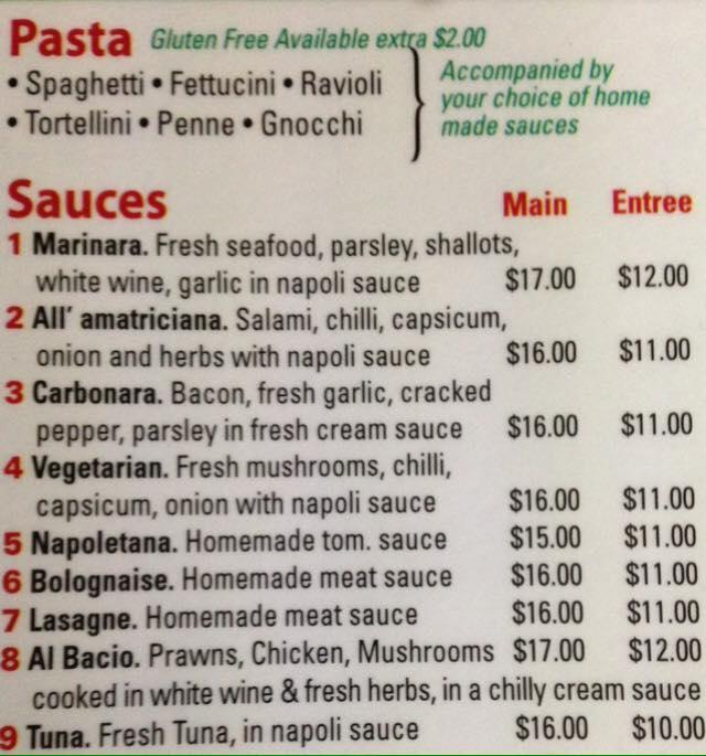 Carta de Tony's Pizza Restaurant & Bar, Kyabram