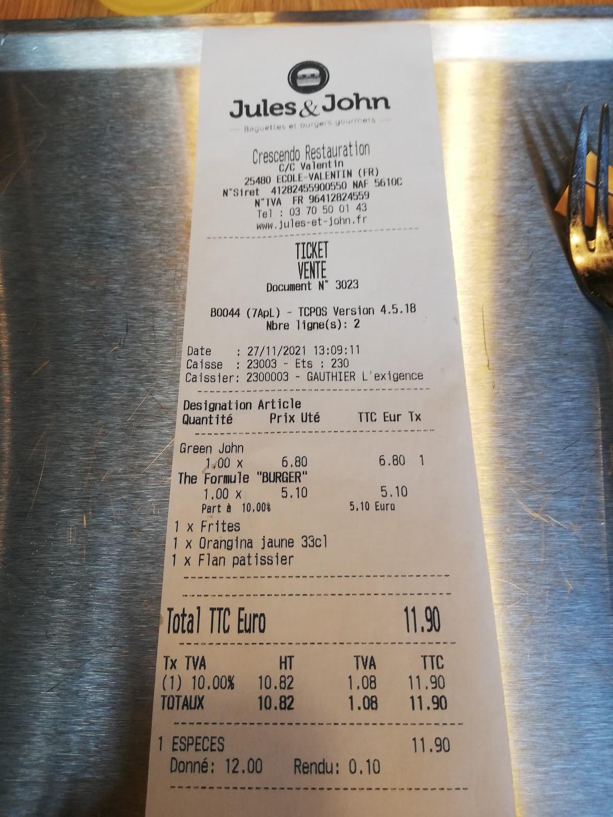 Menu au Jules et John restaurant, ÉcoleValentin