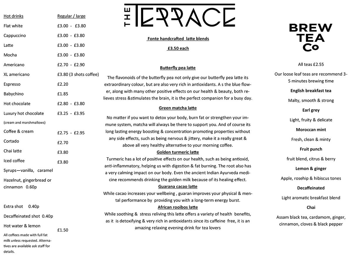 Menu at The Terrace cafe, Lymm