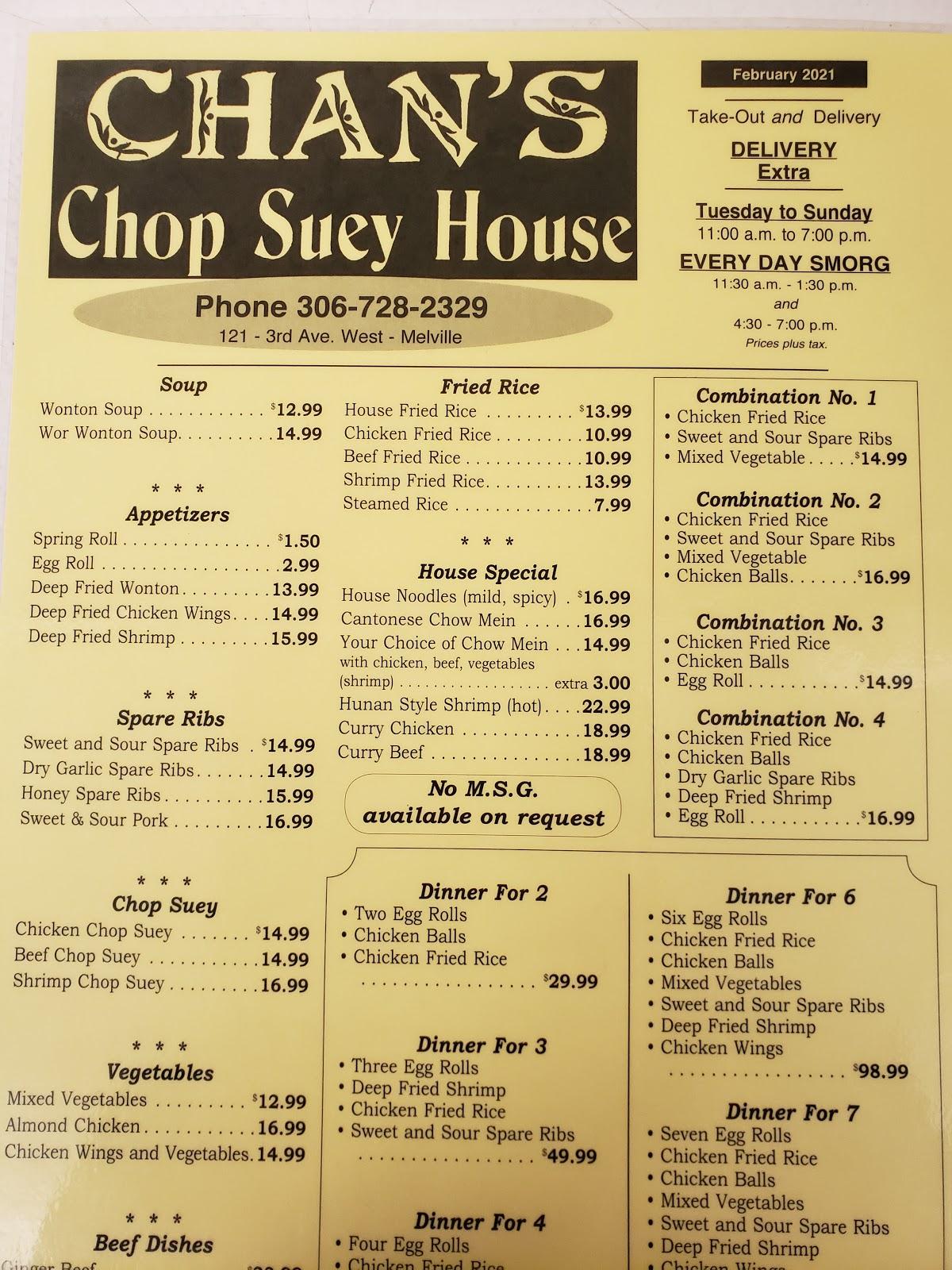 Menu at Chan's Chop Suey House restaurant, Melville