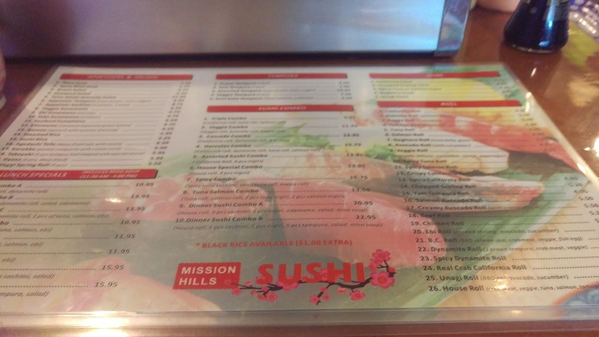 Menu at Mission Hills Sushi restaurant, Mission, Lougheed Hwy. 216