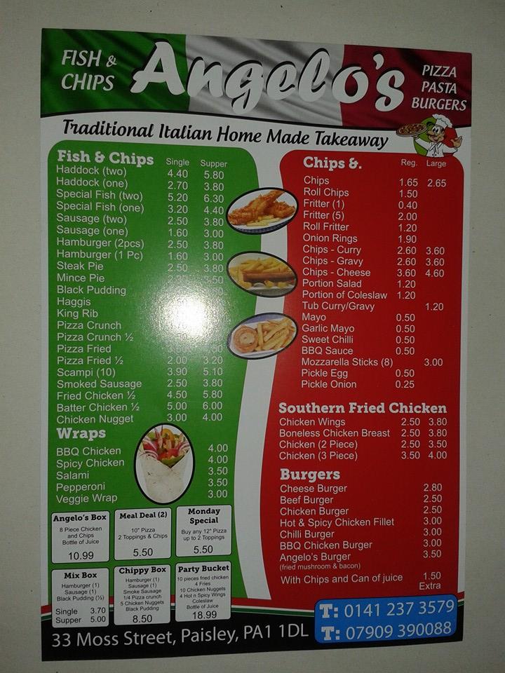 Menu at Angelo's pizzeria, Paisley