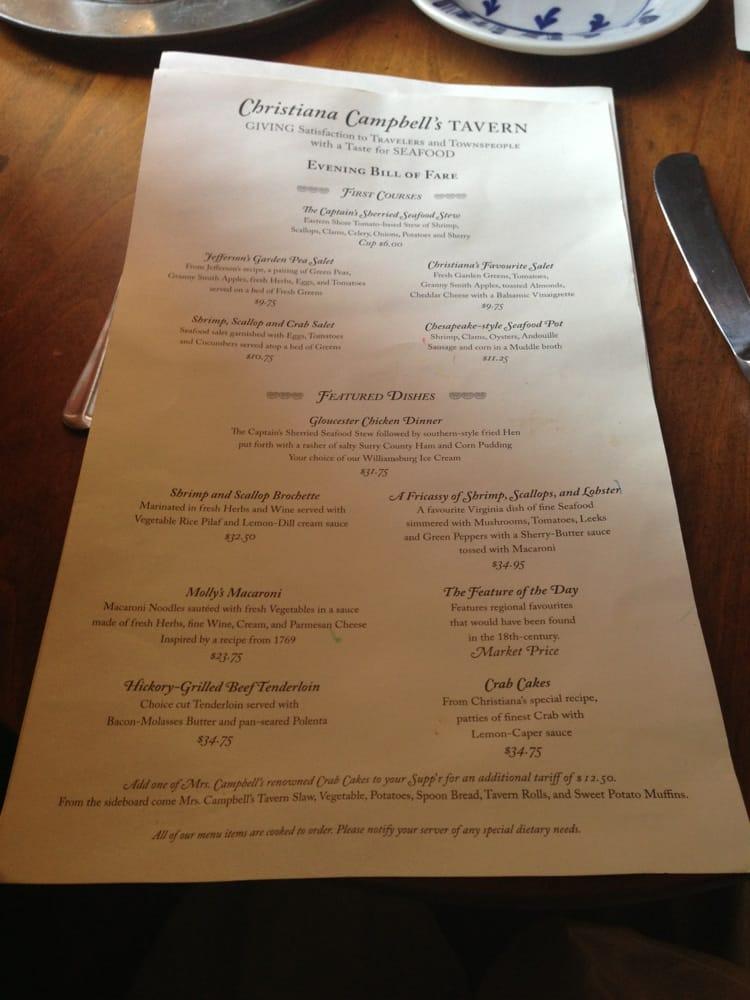 Menu at Christiana Campbell's Tavern restaurant, Williamsburg