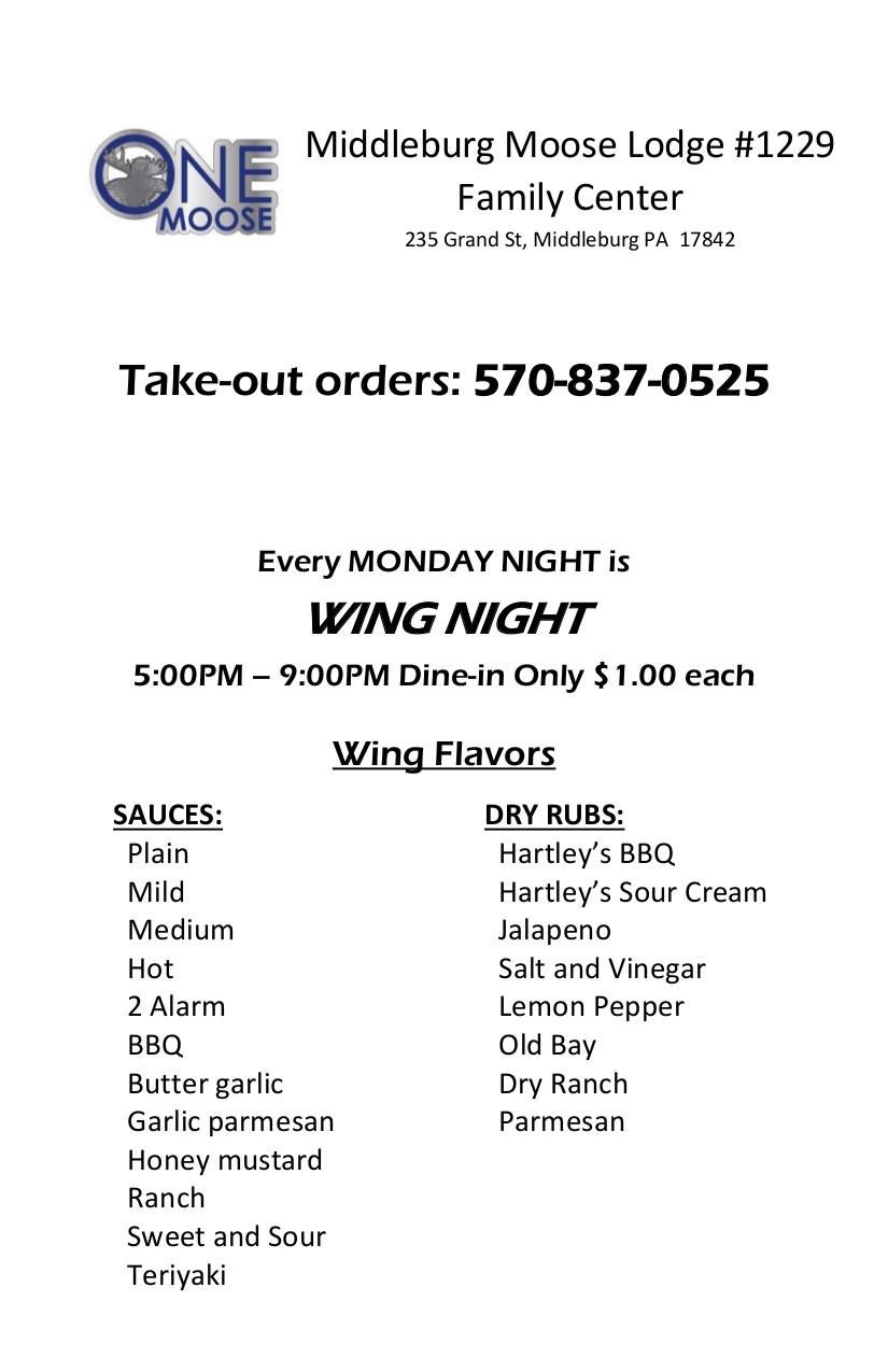 Menu at Middleburg Moose Lodge 1229 pub & bar, Middleburg