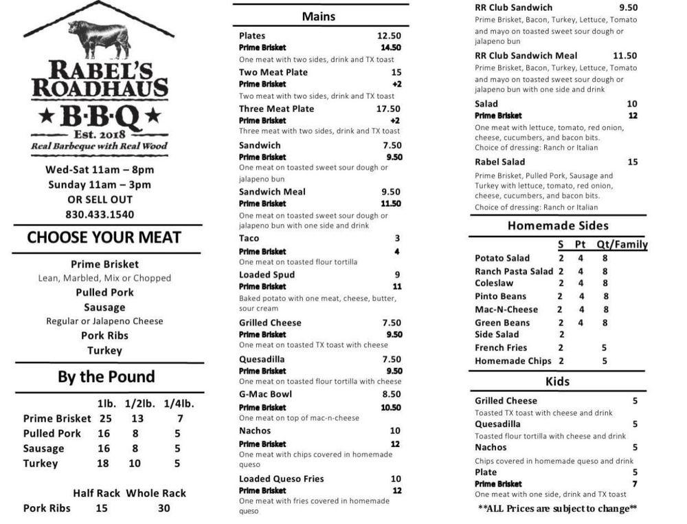 Menu at Rabel’s Roadhaus BBQ, New Berlin
