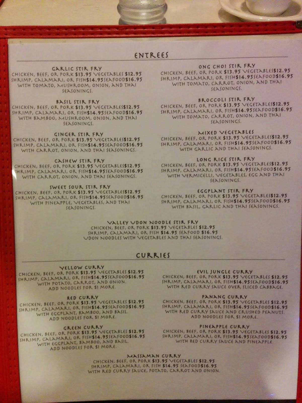 Menu at Thai Valley Cuisine restaurant, Honolulu