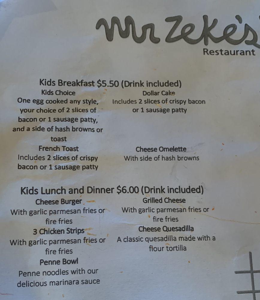 Menu at Mr. Zeke’s Restaurant,