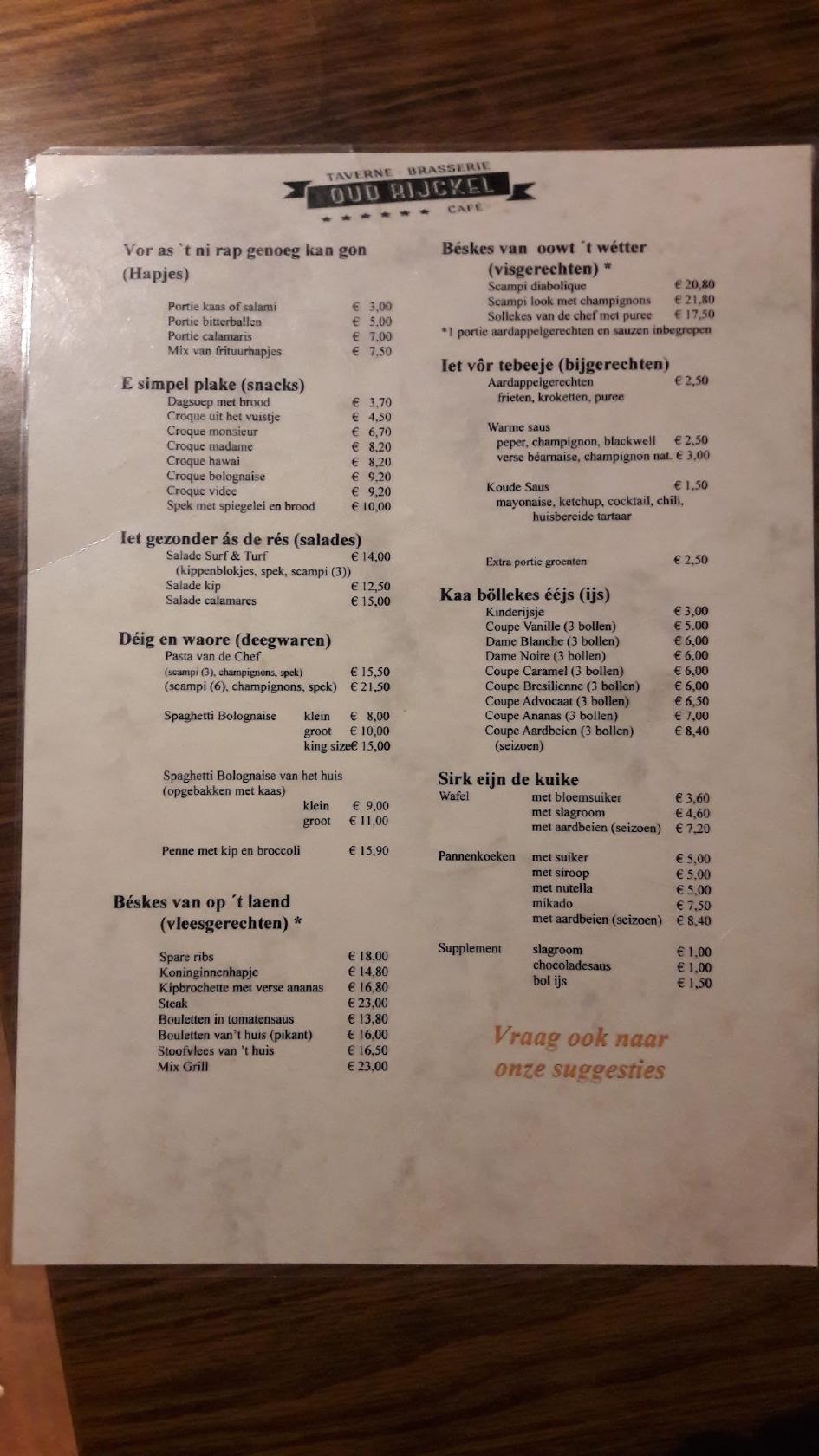 Menu at Oud Ryckel,