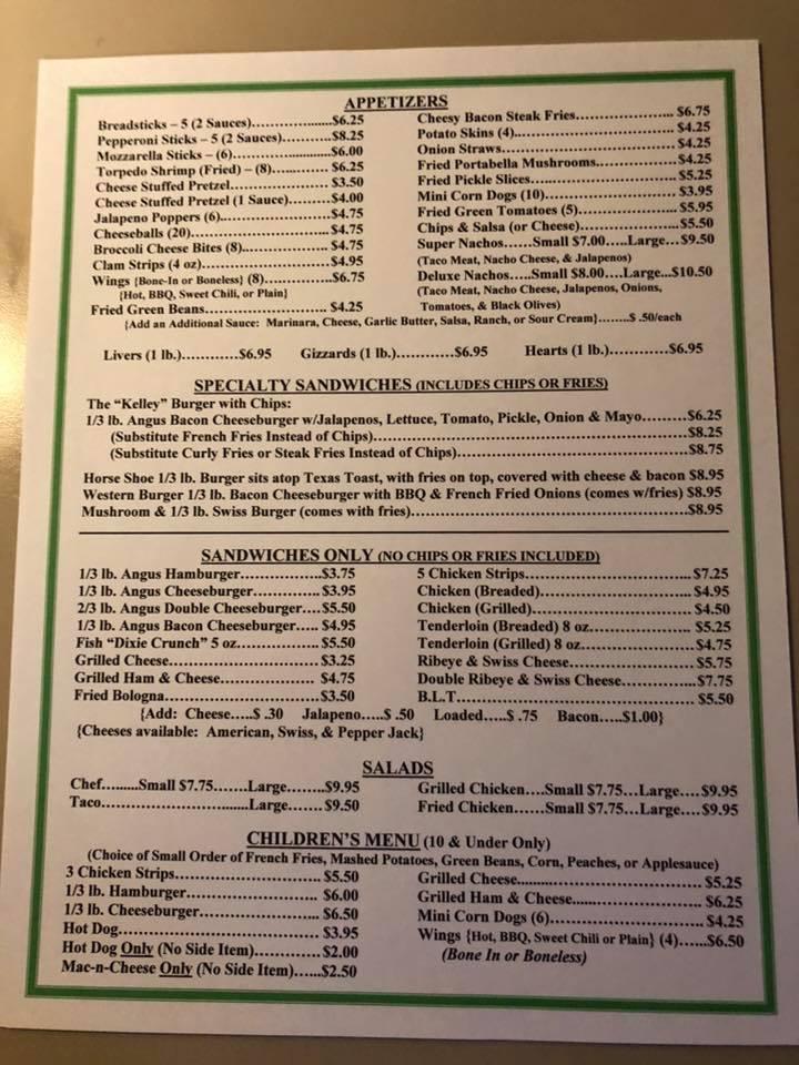 Menu at Kelley’s Restaurant & Bar LLC, Celestine