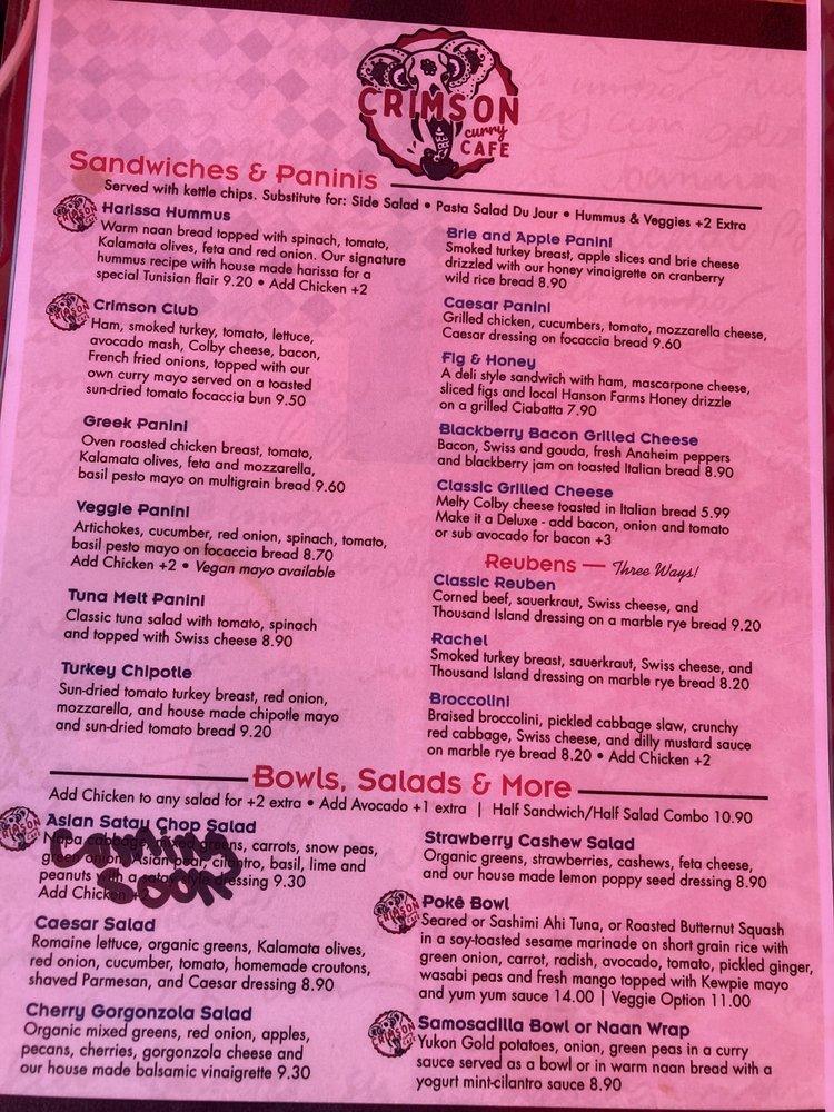 Menu at The Crimson Cafe, Rhinelander