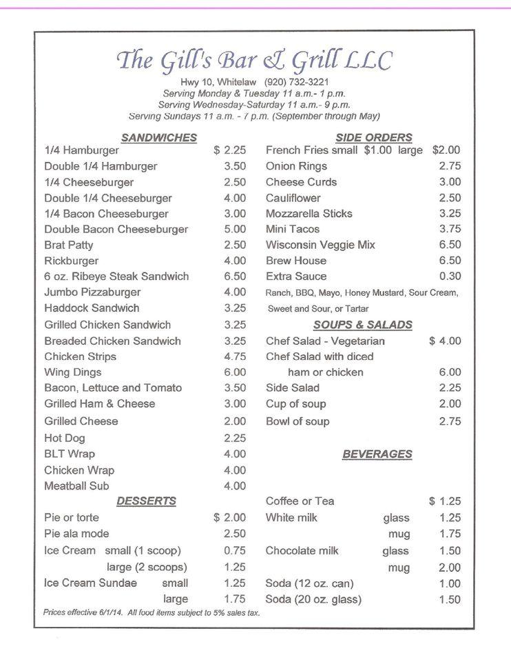 Menu at Ric's Bar & Grill, Whitelaw