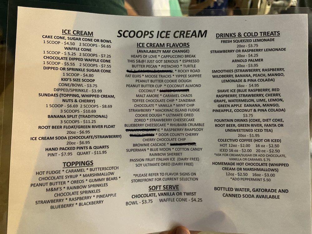 Menu at Scoops Ice Cream restaurant, Lake Geneva