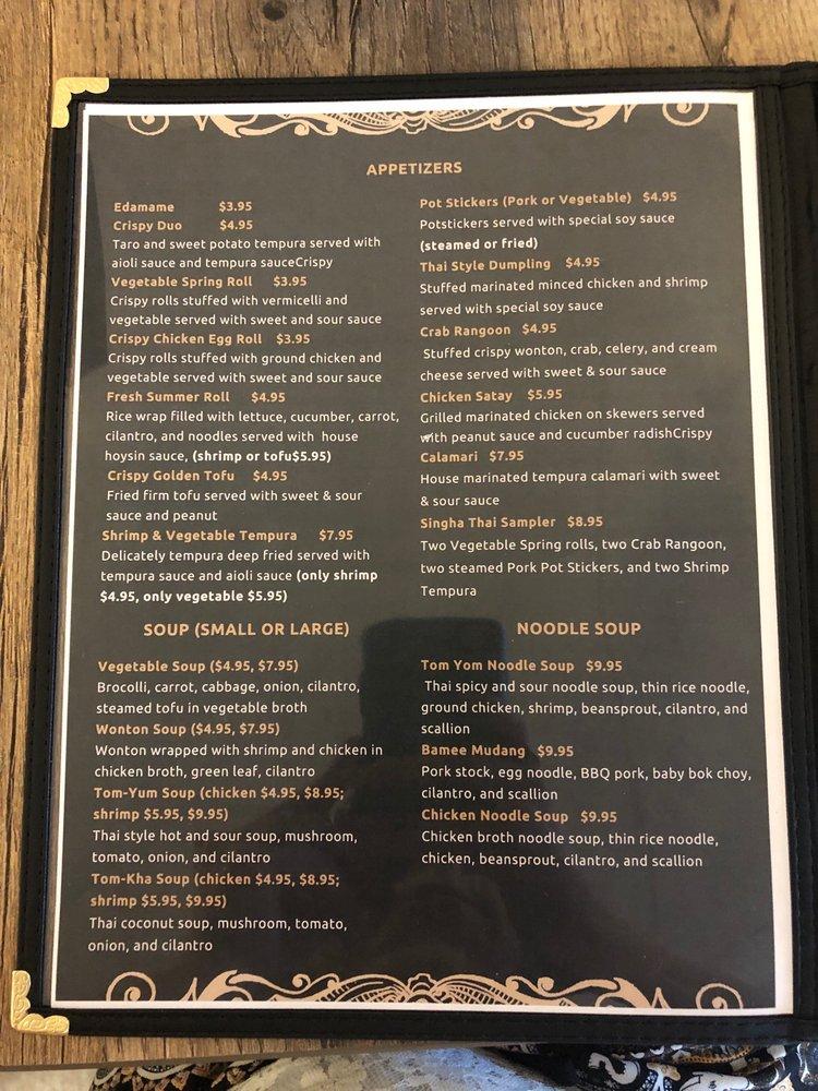 Menu at Singha Thai restaurant, Kettering