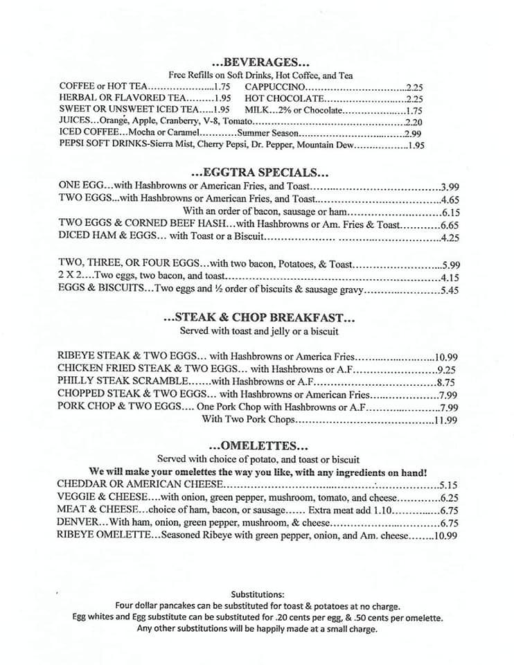 Menu at Cahill's Family Pancake House restaurant, Danville