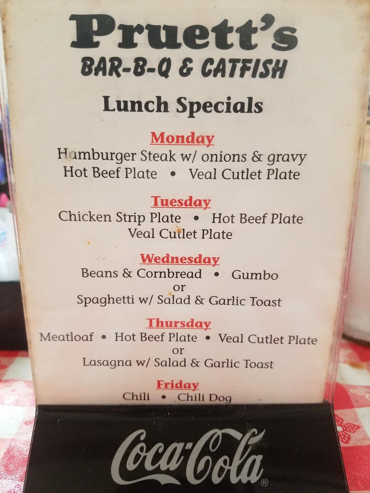 Menu At Pruett's Bar-B-Que & Catfish, Lonoke