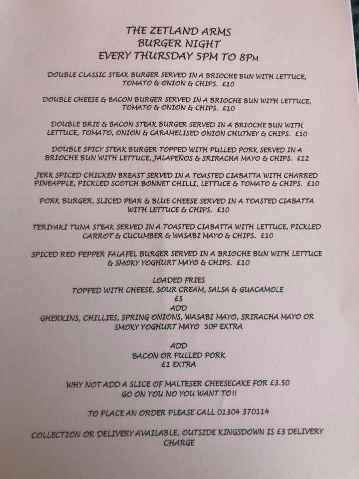 Menu at Zetland Arms pub & bar, Deal