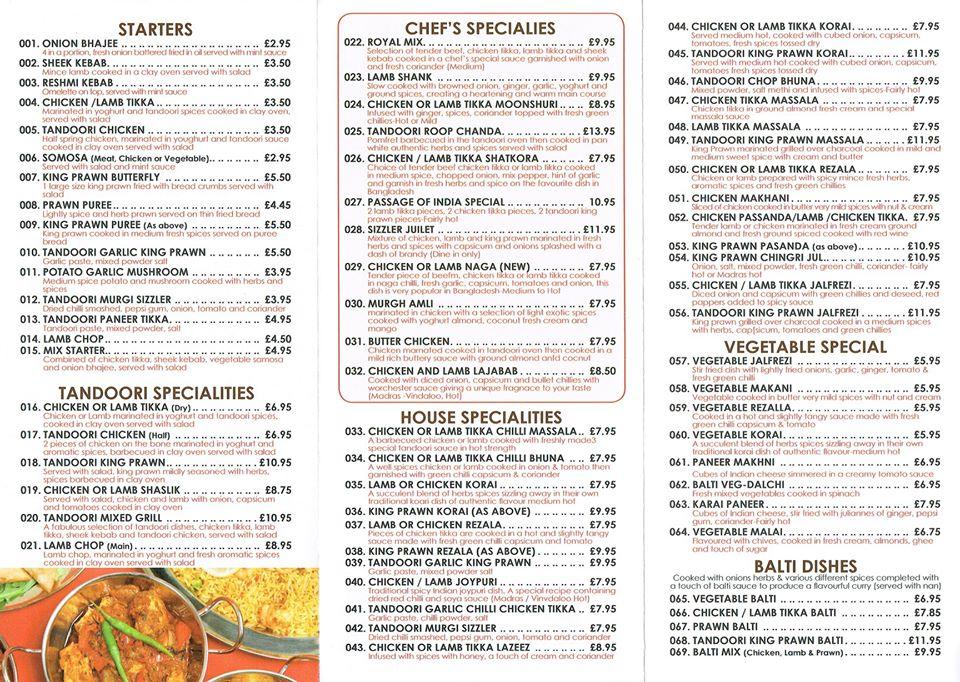 Menu at Passage To India restaurant, South Woodham Ferrers