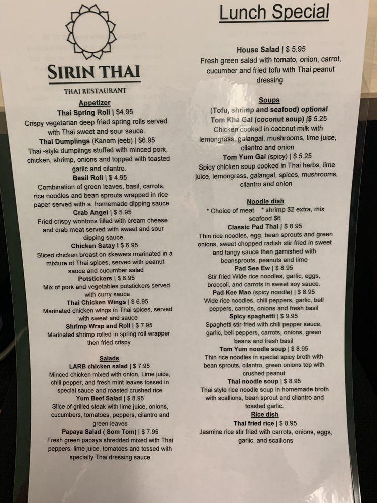 Menu At Sirin Thai SC Restaurant Greenville Menu At Sirin Thai SC Restaurant Greenville
