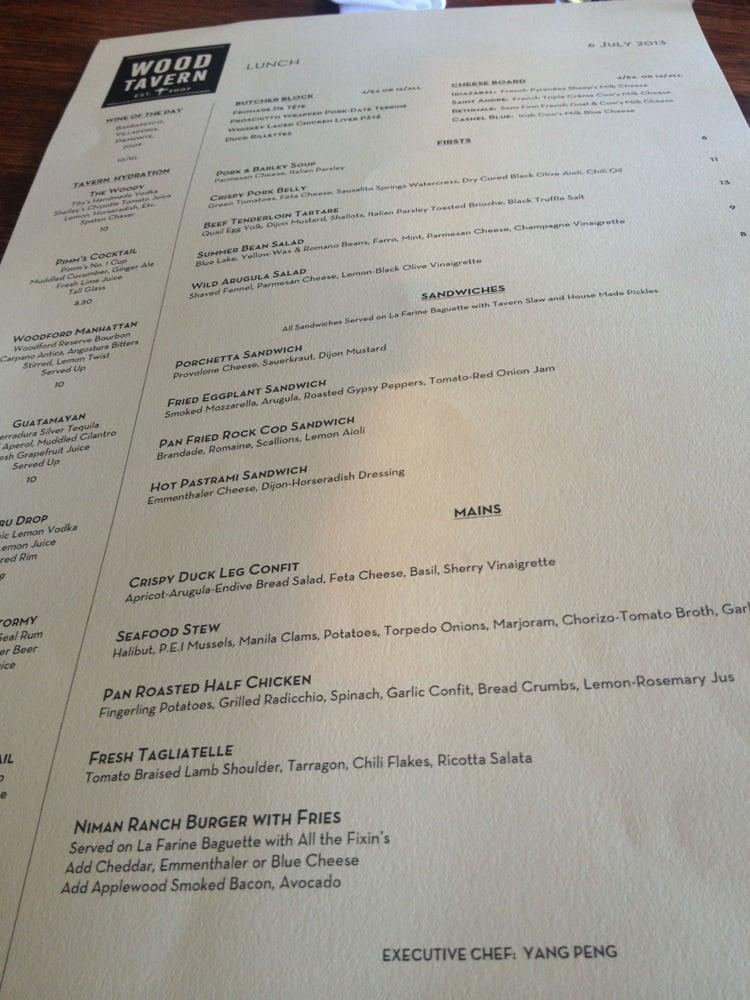 Menu at Wood Tavern restaurant, Oakland