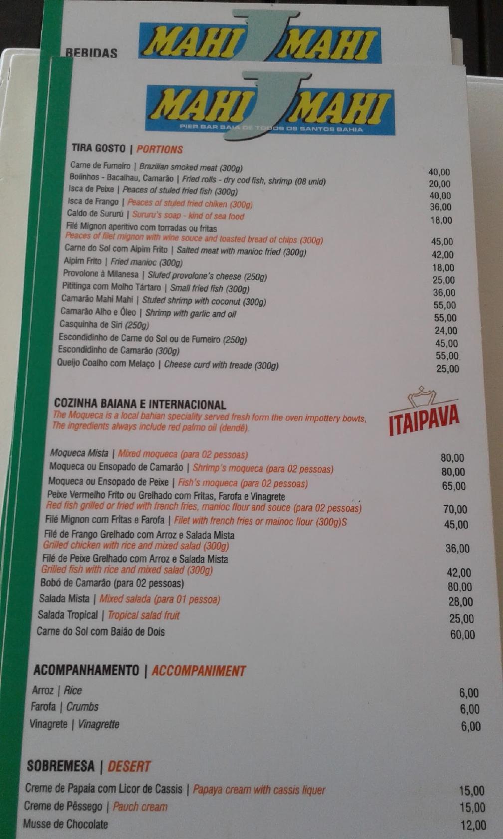 Menu at Mahi Mahi restaurant, Salvador