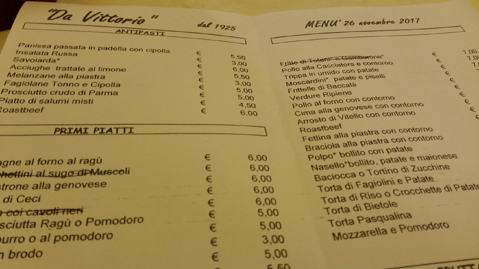 Menu au Da Vittorio restaurant, Chiavari