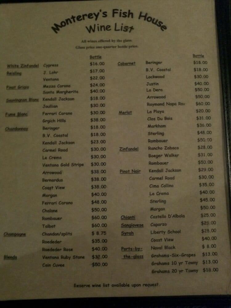 Menu at Monterey's Fish House restaurant, Monterey