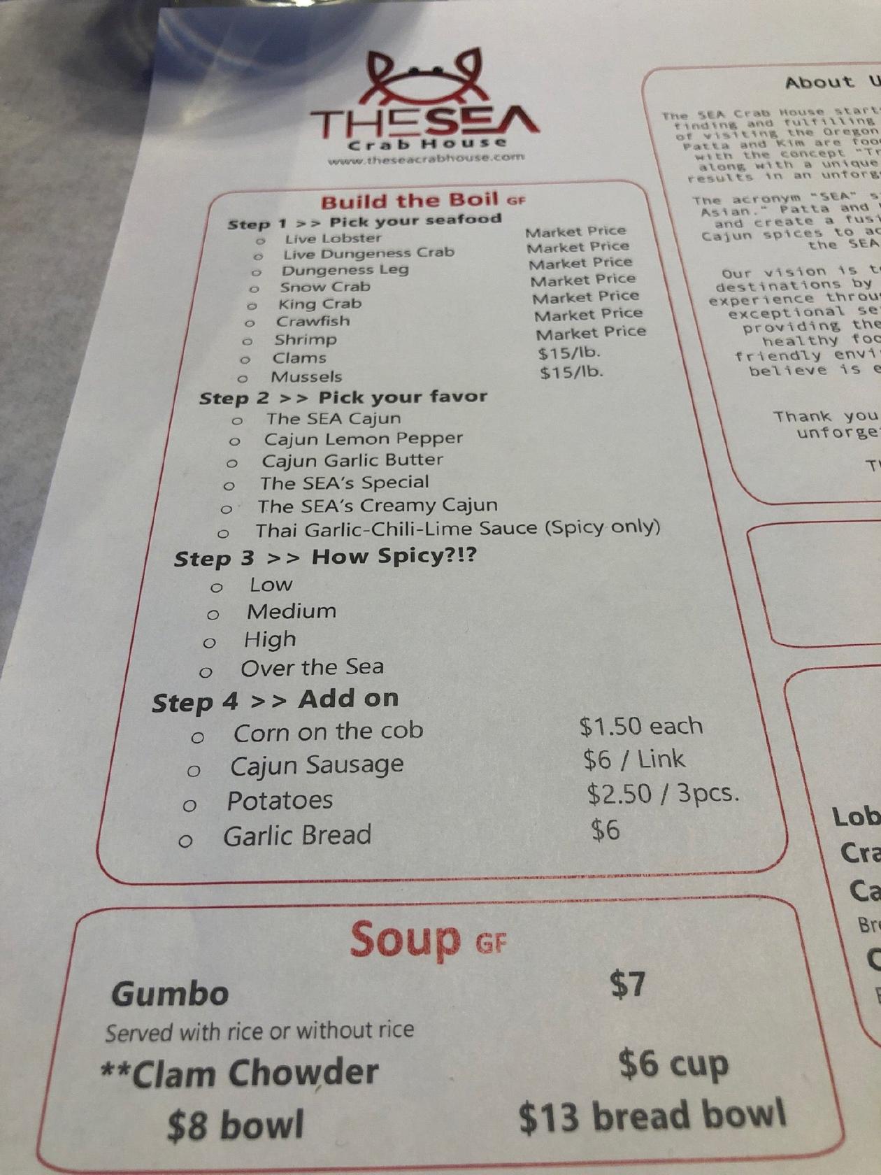 Menu at SEA Crab House Astoria restaurant, Astoria