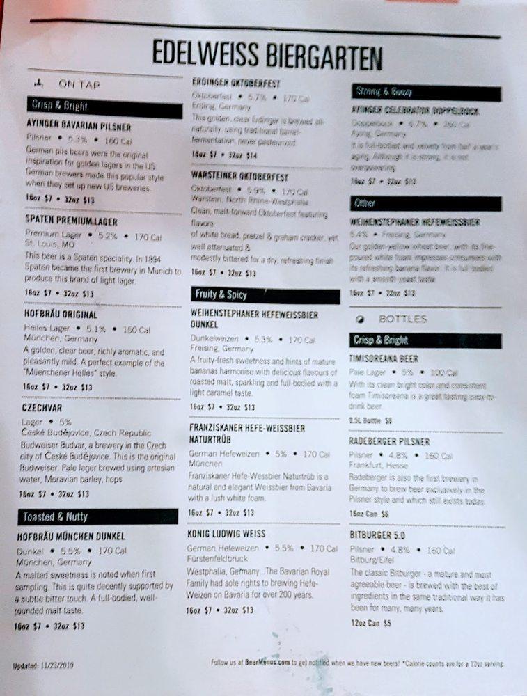 Menu at Edelweiss Biergarten restaurant, Phoenix