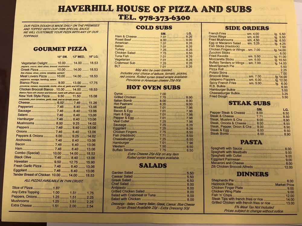 Menu at Haverhill House of Pizza and Subs pizzeria, Haverhill