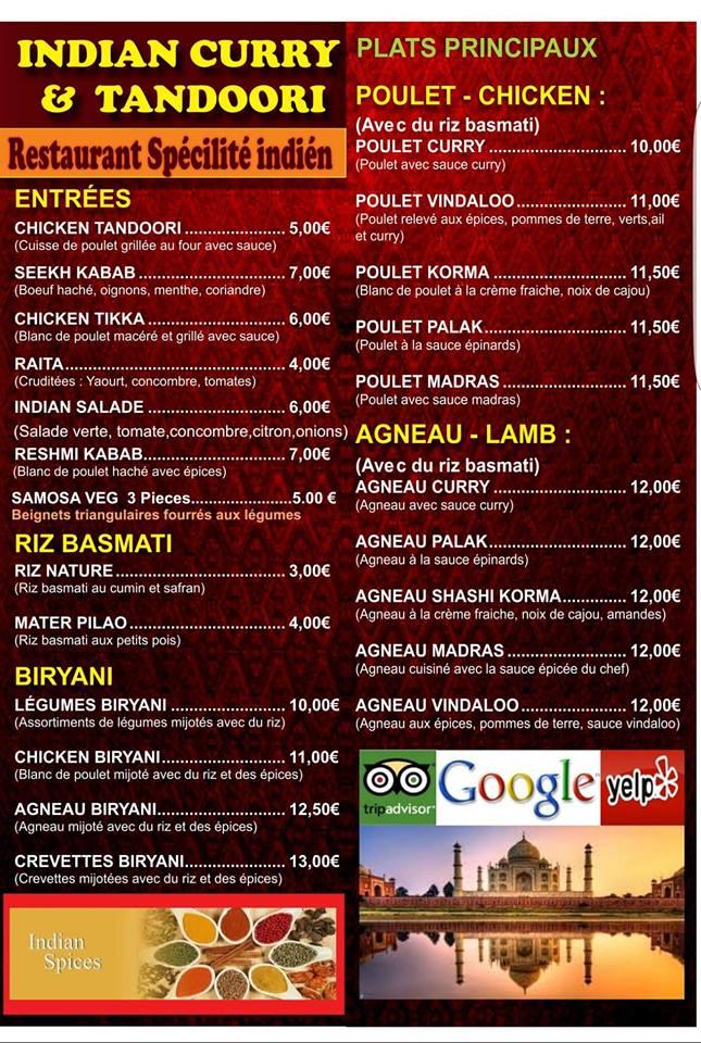 Menu at Indian Curry & Tandoori restaurant, Nice