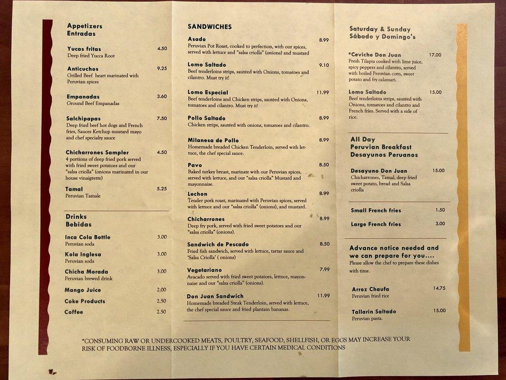 Menu at Don Juan V's Peruvian Sandwiches restaurant, Indianapolis