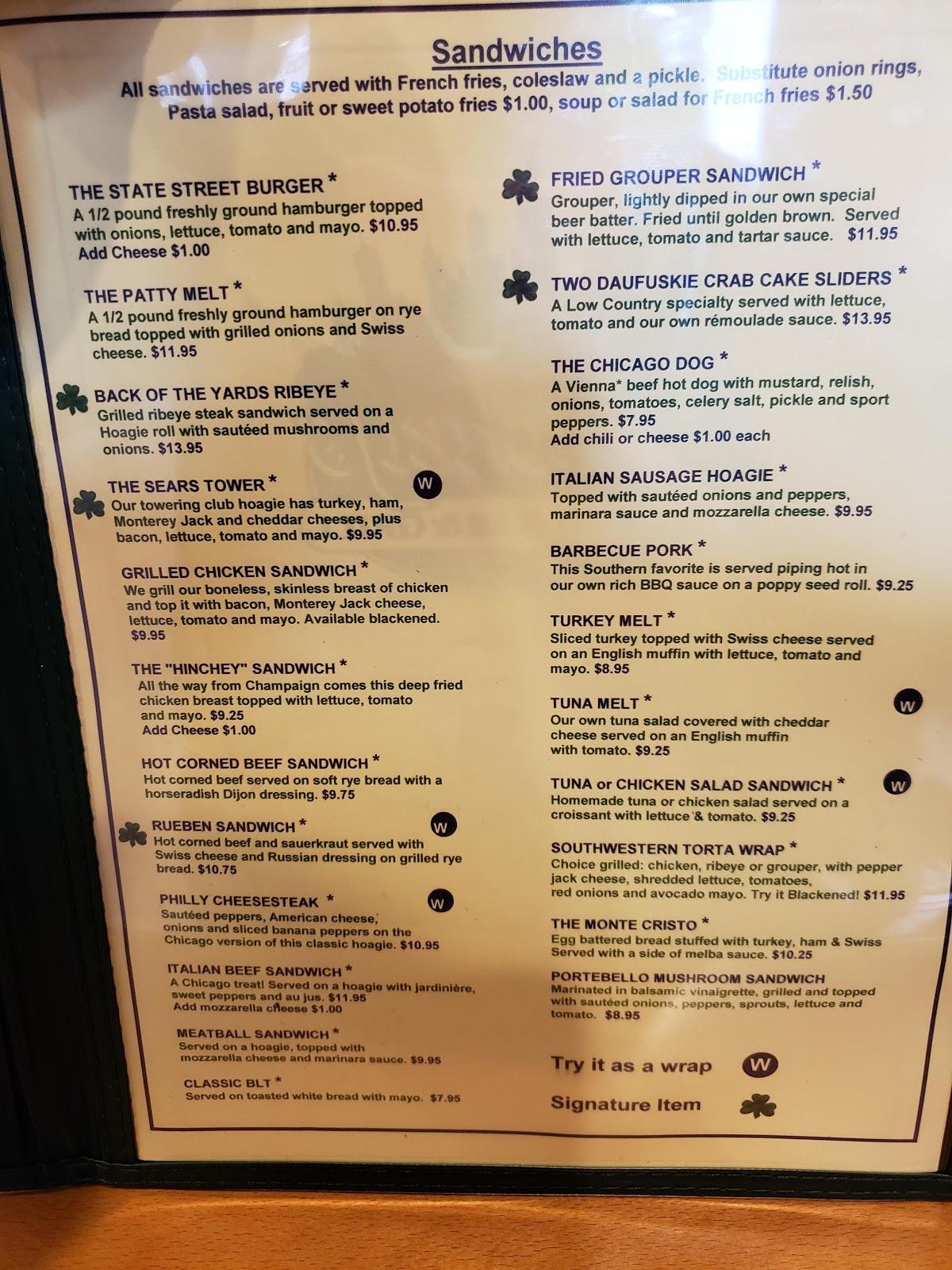 Menu at Hinchey's Chicago Bar & Grill, Hilton Head Island, 70 Pope Ave