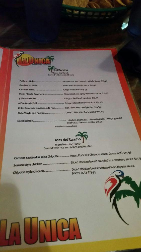Menu at La Unica restaurant, Colorado Springs