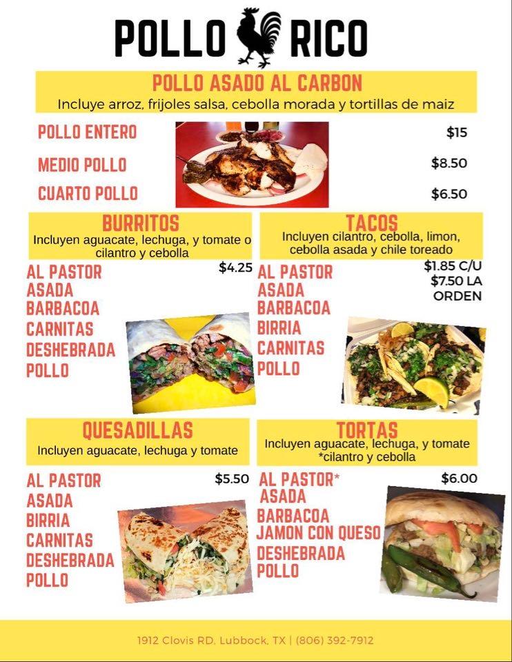 Menu at Pollo Rico restaurant, Lubbock