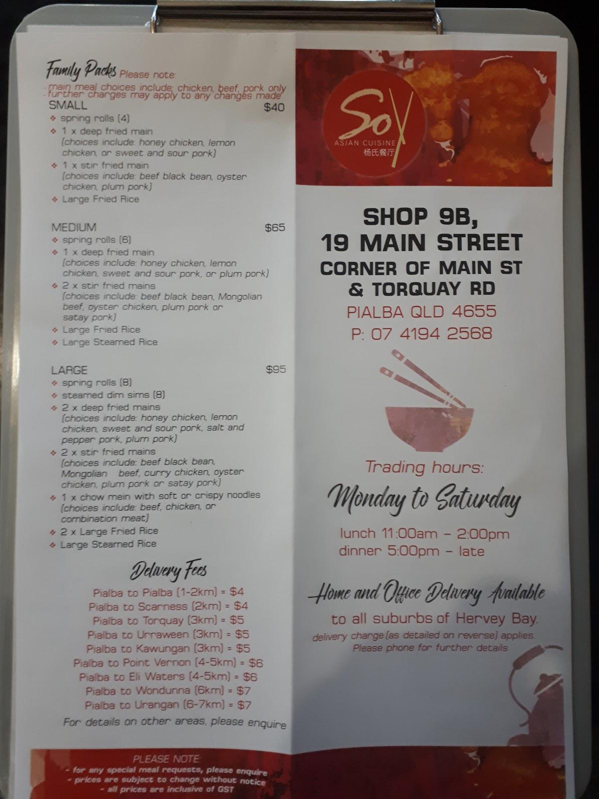 Menu at SOY Asian Cuisine restaurant, Pialba