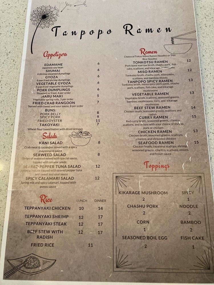 Menu at Tanpopo Ramen and Sake pub & bar, Schenectady