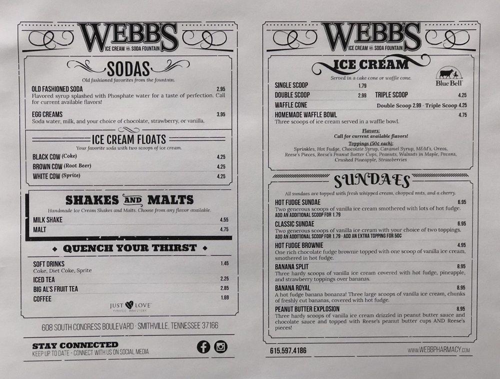 Menu At Webbs Ice Cream And Soda Fountain Cafe Smithville