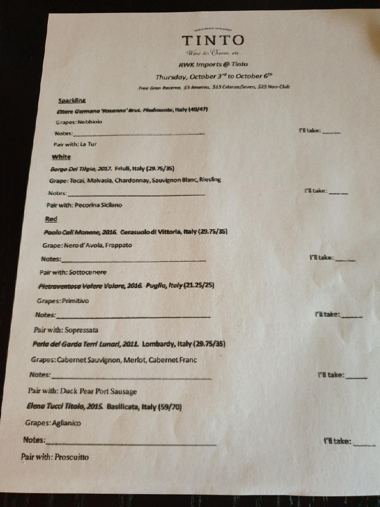 Menu at Tinto Wine & Cheese pub & bar, Virginia Beach