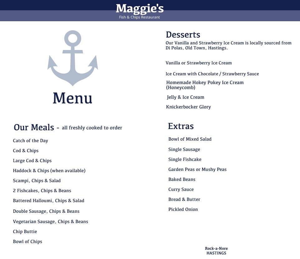 Menu at Maggie's Fish & Chips restaurant, Hastings