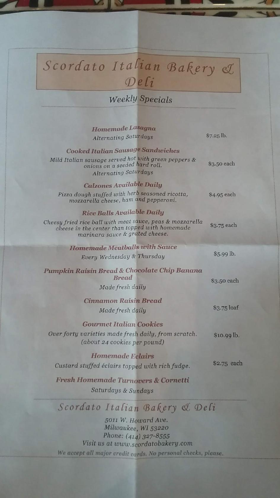 Menu at Scordato Bakery Inc, Milwaukee