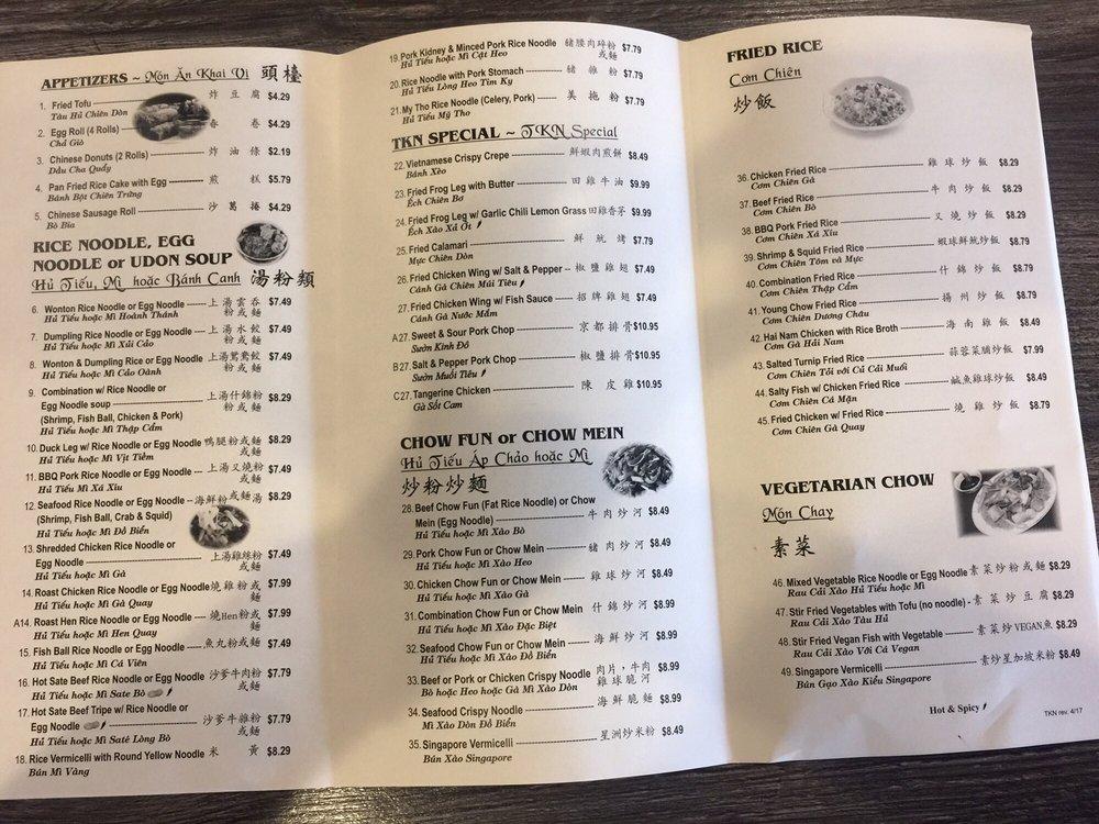 Menu at Tim Ky Noodle restaurant, San Diego
