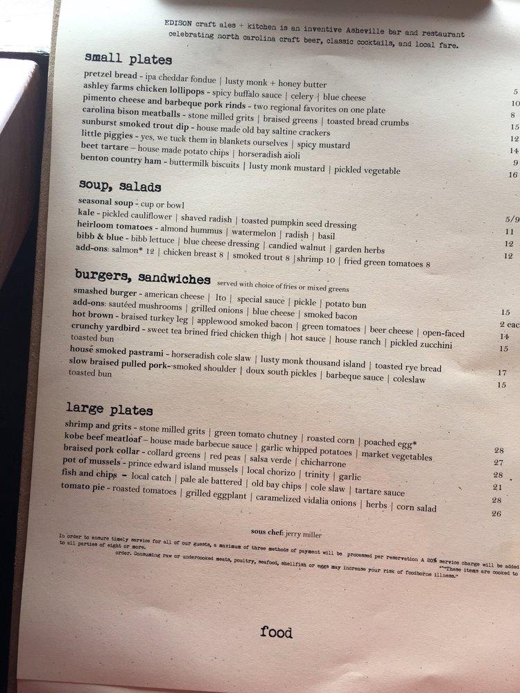 Menu at Edison, Craft Ales + Kitchen pub & bar, Asheville
