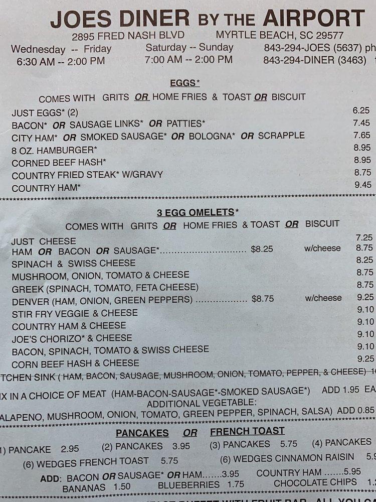 Menu at Joe's Diner by the Airport restaurant, Myrtle Beach, Fred Nash Blvd