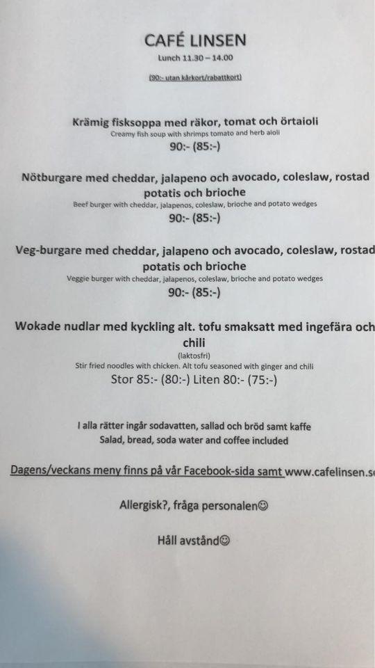 Menu at Café Linsen restaurant, Gothenburg